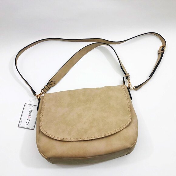 Jen & Co Jess Vegan Stitched Shoulder Bag Faux Suede Tan 15x11x3.5 inches - Picture 3 of 10